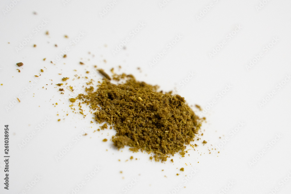 varies seasoning scattered in white background, pepper,shirmp,salt,curry, varies seasoning scattered in white background, pepper,shirmp,salt,curry,