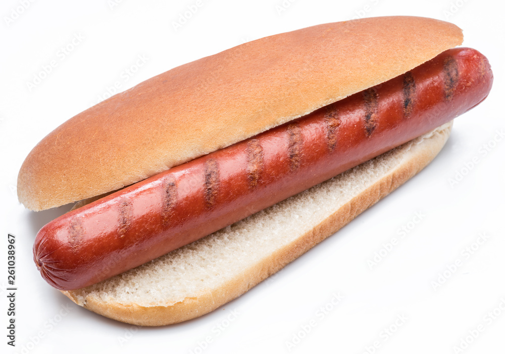 Hot dog - grilled sausage in a bun isolated on white background. Hot dog - grilled sausage in a bun isolated on white background.