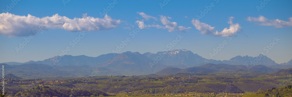 Panoramic view of Vicenza fron Monte Berico. Gigapixel landscape. Vicenza, Veneto, Italy. 26 March 2019