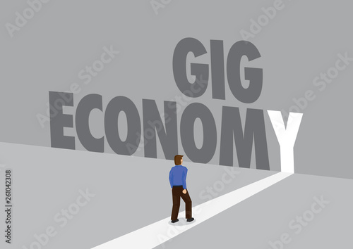 Employee walking towards a light path with the text gig economy. Business concept of freelancing, flexible working or overcoming challenge. Vector illustration.