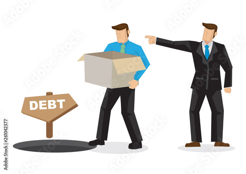 Boss dismissed a employee who is walking into a debt hole after lossing his job. Concept of layoff and employment.