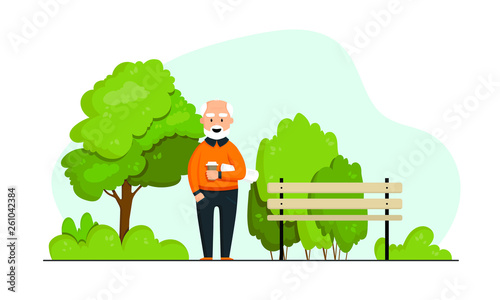 old man on a walk in the park. Happy cheerful smiling grandfather with a cup of coffee and a newspaper. man in a green park, shop, green trees and bushes. happy old age