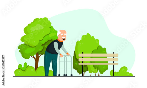 old man on a walk in the park. smiling grandfather with a walker. man in a green park, shop, green trees and bushes. happy old age