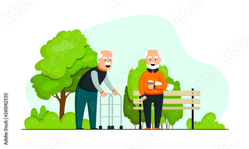 old men on a walk in the park. smiling grandfather with a walker. Happy cheerful grandfather with a cup of coffee and a newspaper. men in a green park, shop, green trees and bushes. happy old age