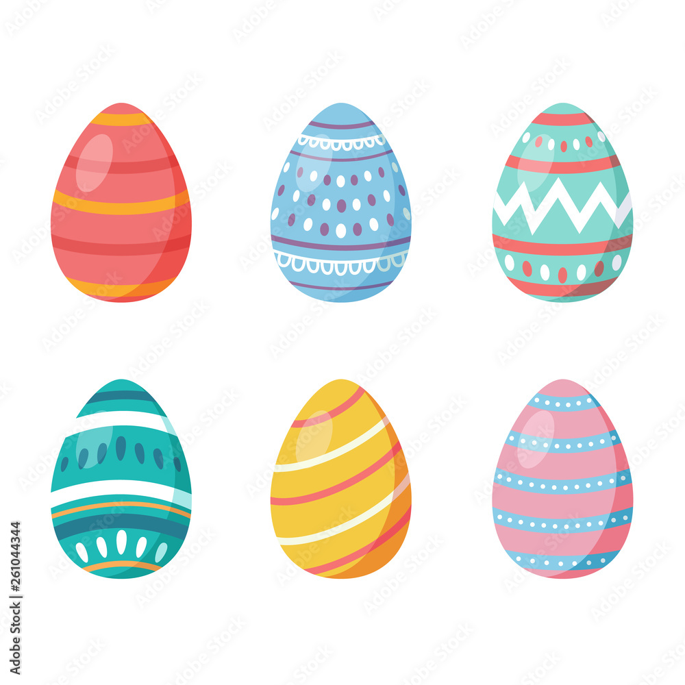 Happy Easter.Set of Easter eggs with different texture on a white background.Spring holiday. Vector Illustration.Happy easter eggs - Vector