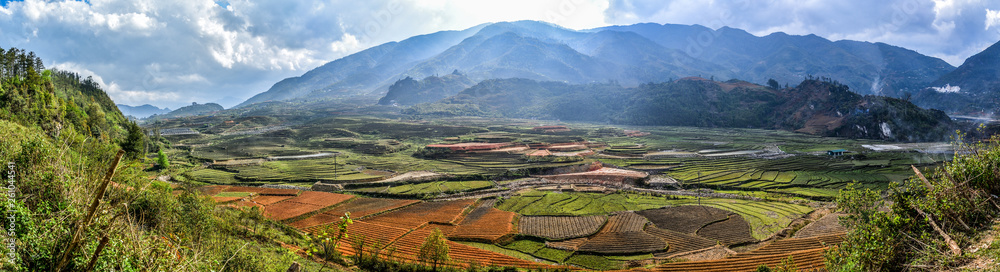Amazing view of rice paddies in Sapa, Vienatm. Panoramic picture of rural area.
