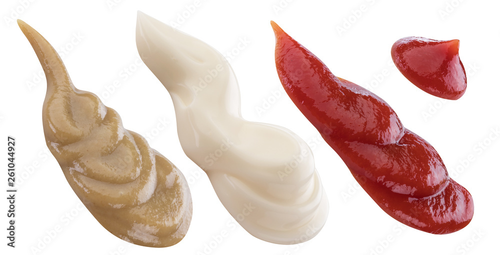 Mayonnaise, ketchup and mustard splashes. Clipping path for each item.