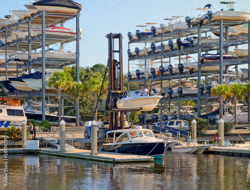 Elevated, stacked private boat storage in Charleston Bay,South Carolina, US, 2017.