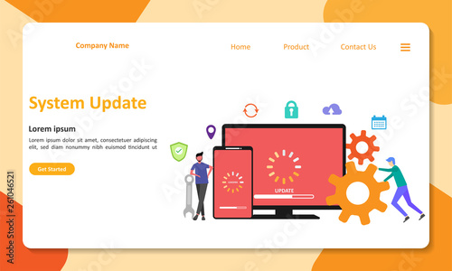 System Update Improvement Change New Version. Installing update process with people characters Suitable for web landing page, ui, mobile app, banner template. Vector Illustration