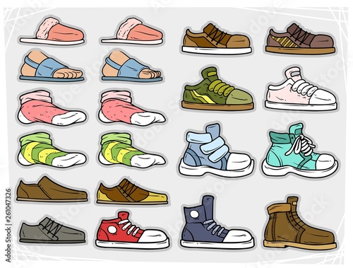 Cartoon different colorful shoes and socks. Slippers and sandals. Boots and sneakers. Isolated on gray background. Vector stickers icon set.