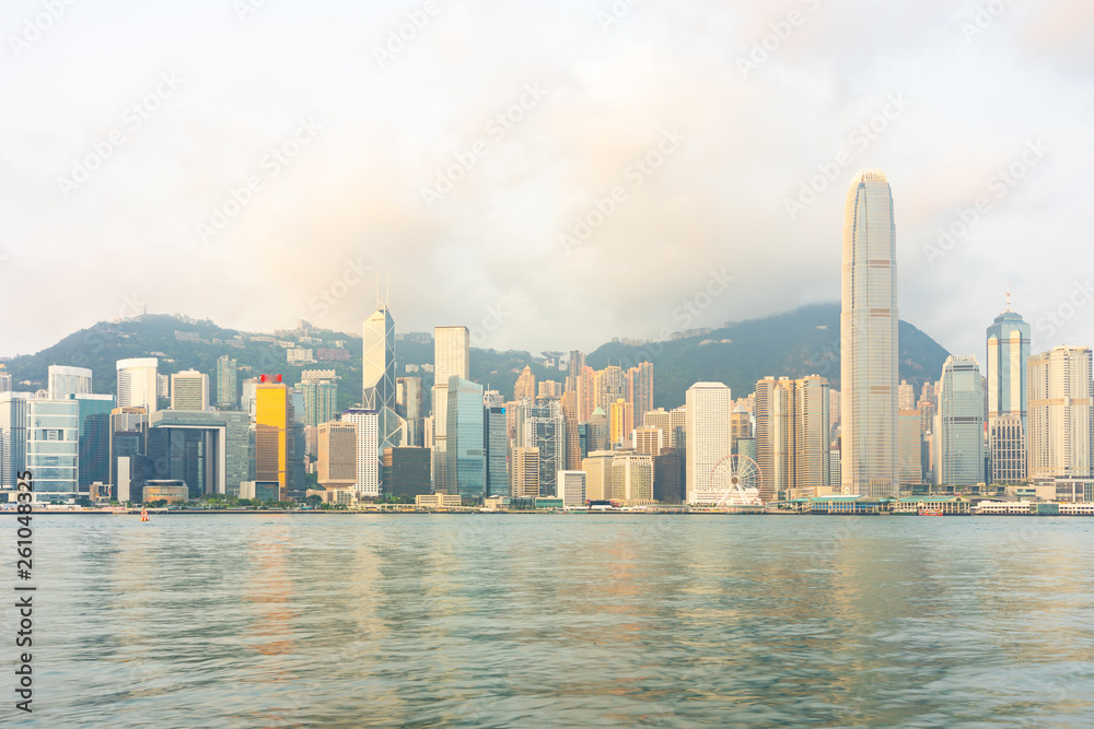 Panorama Landmark skyscraper buildings at Victoria harbor in Hong Kong City