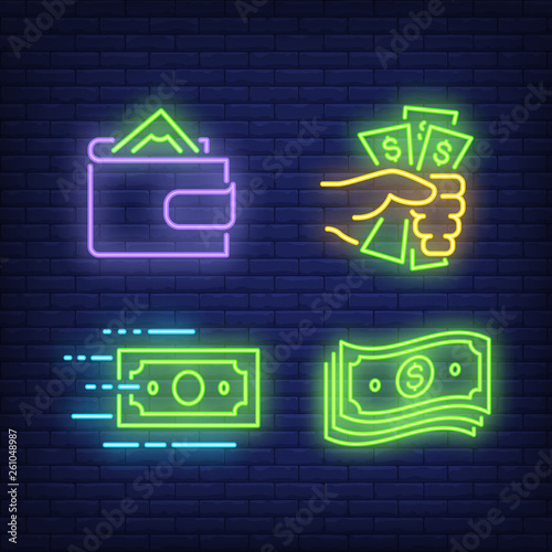 Dollar bills, hand and wallet neon signs set