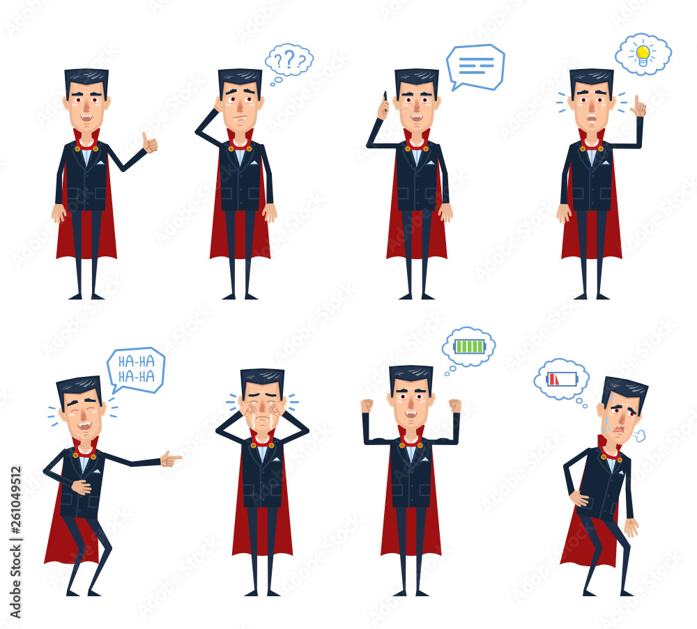 Set of Halloween vampire characters posing in different situations. Cheerful vampire talking on phone, thinking, pointing up, laughing, crying, tired, full of energy. Flat vector illustration