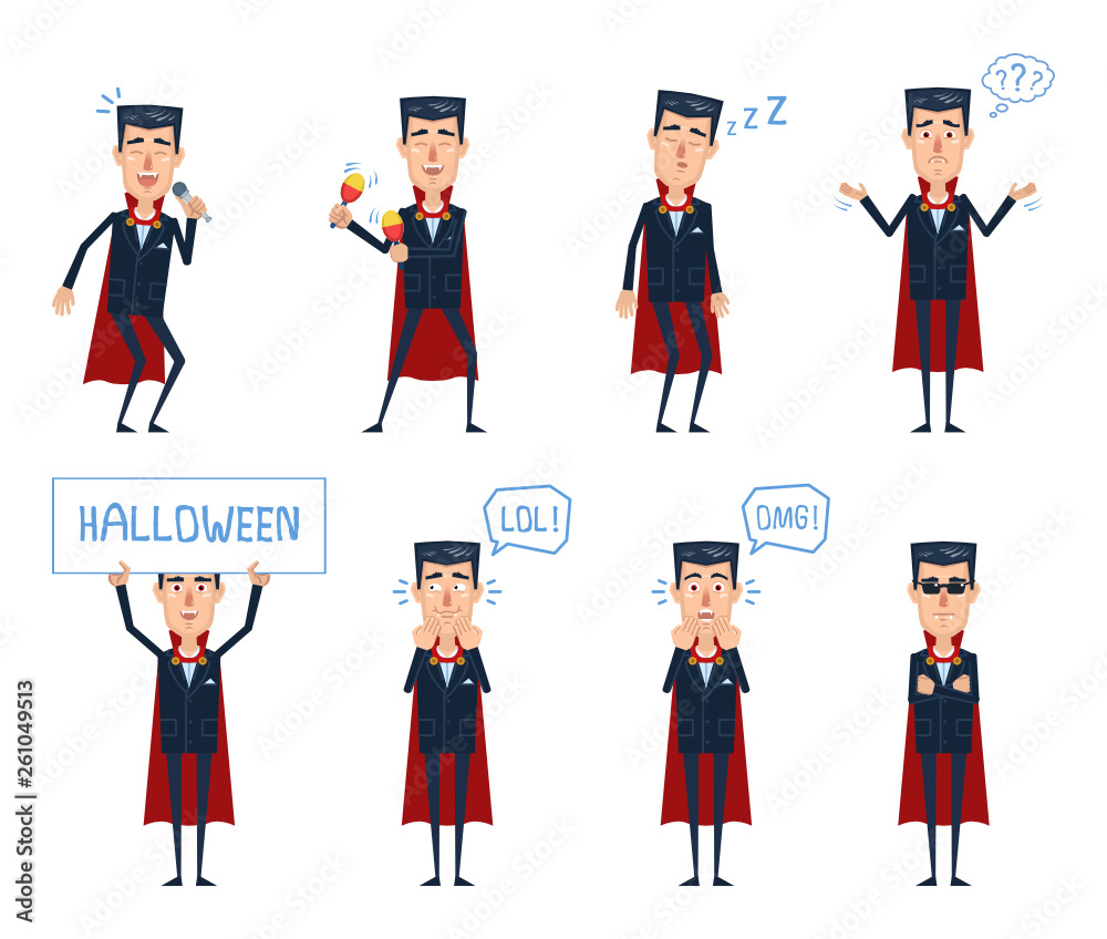 Set of Halloween vampire characters posing in different situations. Cheerful vampire karaoke singing, dancing, sleeping, thinking, laughing, surprised, holding banner. Flat vector illustration