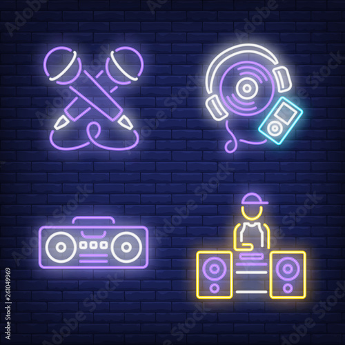 Microphones, boombox, music player and disk jokey neon signs set