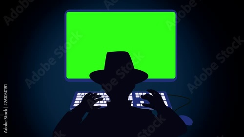 hacker works behind the computer,on the computer screen green background.hacker in hat,black silhouette.animated video