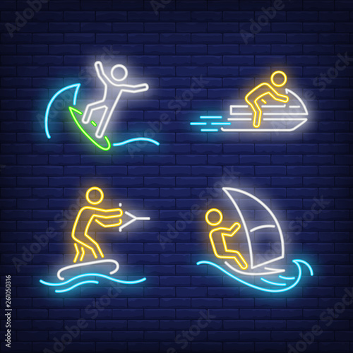 People surfing, riding on jet ski and wakeboarding neon signs set