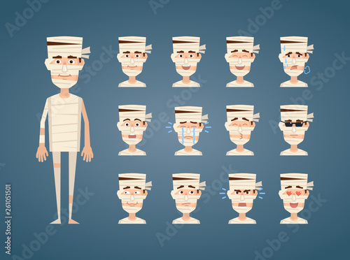 Set of Halloween mummy emoticons. Mummy avatars showing different emotions. Happy, sad, cry, laugh, smile, serious, angry, funny, love and other facial expressions. Flat style vector illustration