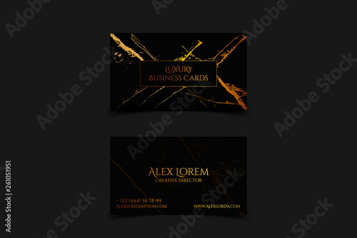 Luxury black business card with marble texture and gold detail vector template, banner or invitation with golden foil on black background. Branding and identity graphic design.