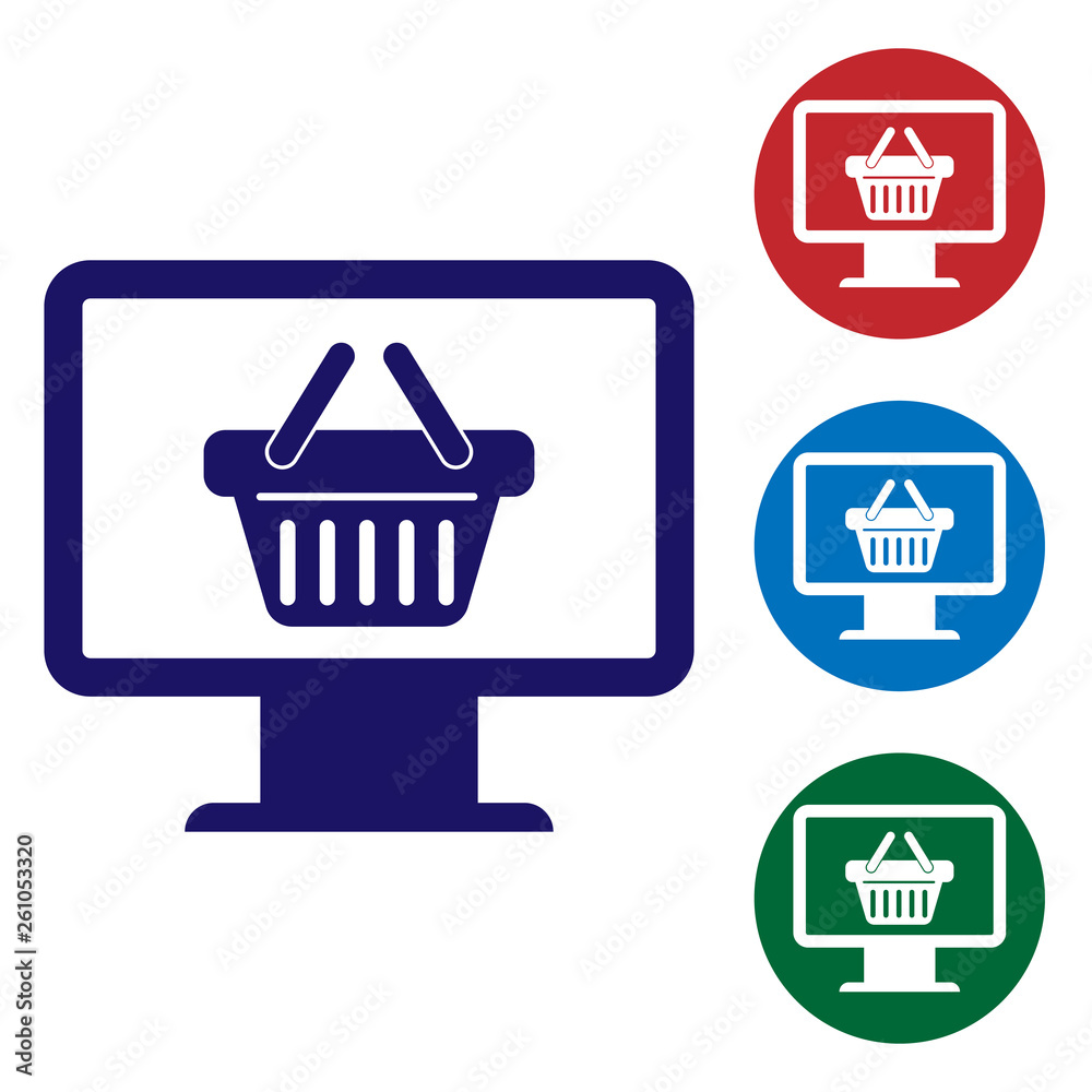 Blue Computer monitor with shopping basket icon isolated on white background.  Online Shopping cart. Supermarket basket symbol. Set color icon in circle  buttons. Vector Illustration Stock Vector | Adobe Stock