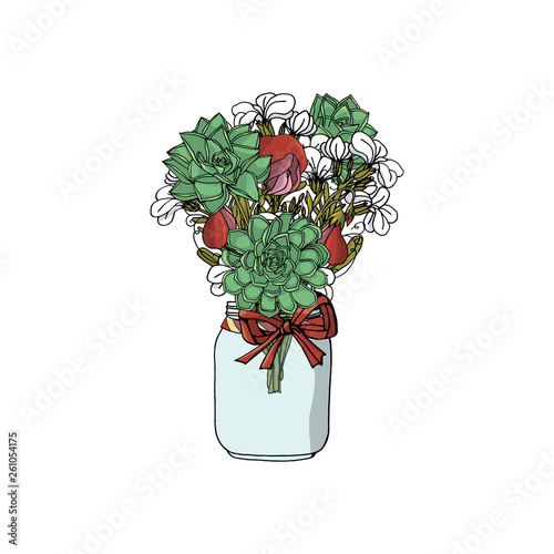 Hand drawn doodle style bouquets of different flowers: succulents; stock flower, sweet pea. isolated on white background. stock vector illustration photo