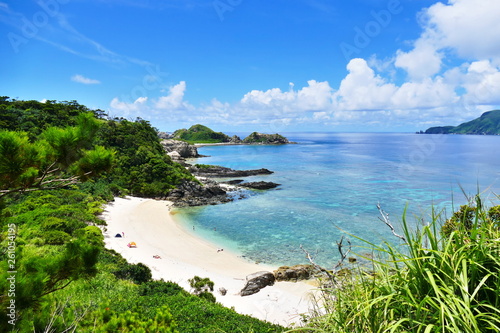 Tropical paradise of a pristine white beach, greenery, turquoise sea and deep blue sunny sky at Zamami, Okinawa, Japan