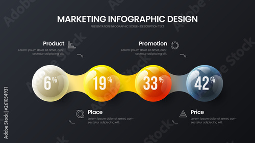 Business 4 option infographic presentation vector 3D colorful balls illustration. Corporate marketing analytics data report design layout. Company statistics information graphic visualization template
