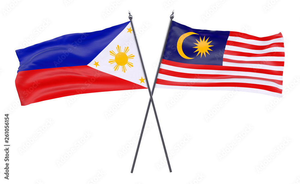Pilippines and Malaysia, two crossed flags isolated on white background. 3d image Pilippines and Malaysia, two crossed flags isolated on white background. 3d image