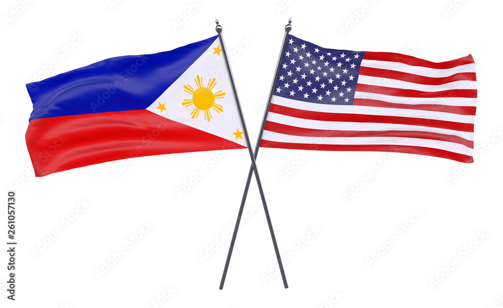 Pilippines and USA, two crossed flags isolated on white background. 3d image