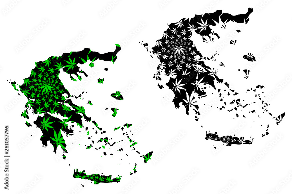 Greece - map is designed cannabis leaf green and black, Hellenic Republic (Hellas) map made of marijuana (marihuana,THC) foliage,