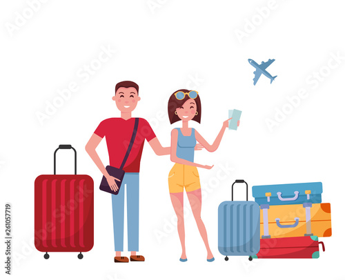Young couple tourists with suitcases and bags on wheels on white background. scene at airport, search for information in mobile phone. Woman and man trevels together. Vector flat cartoon illustration