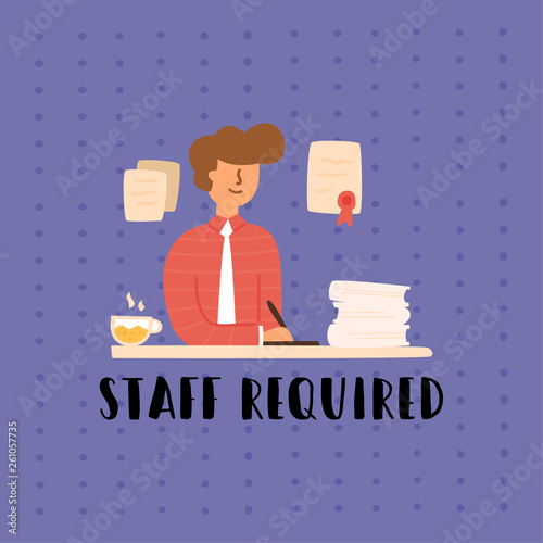 Vector Flat young guy in a suit signs documents.