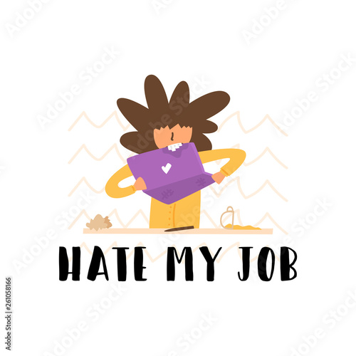 Vector flat girl nervous gnawing teeth laptop.