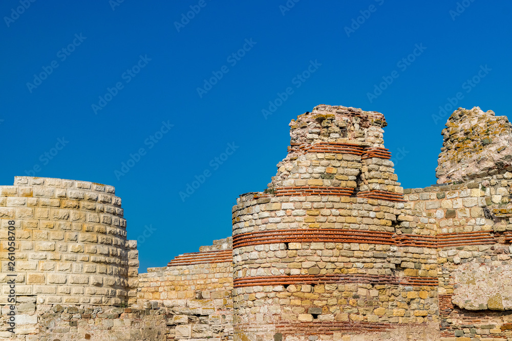 Ancient ruins at the entrance of the Nessebar ancient city, one of the major seaside resorts on the Bulgarian Black Sea Coast. Nesebar, Nesebr is a UNESCO World Heritage Site. Ruins in Nessebar