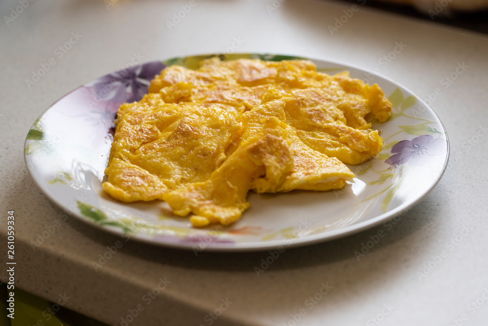 Plate with delicious fluffy omlette with cheese interior and very well roasted sits on a kitchen front. Organic homemade breakfast for champions