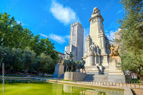 Cityscape with monument to Cervantes on Plaza de Espana. Madrid, Spain