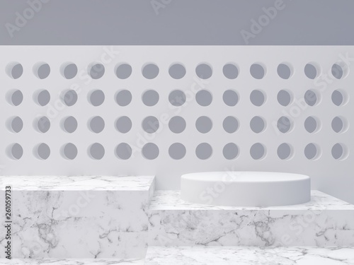 Marble shapes on grey abstract background. Minimal boxes and a cylinder podium. Scene with geometrical forms. Empty showcase for cosmetic product presentation. Fashion magazine. 3d render. © Mamba Azul
