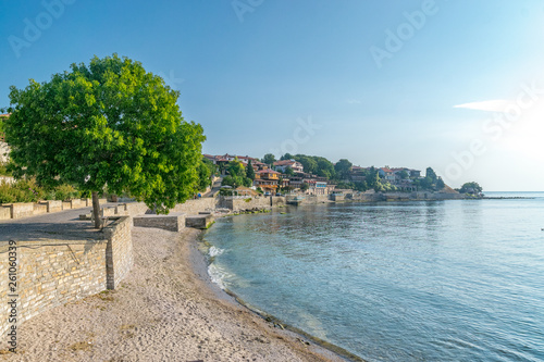 Nessebar ancient city on the Bulgarian Black Sea Coast. Nesebar or Nesebr is a UNESCO World Heritage Site. Nessebar beach on a sunny day with blue sky, Bulgaria