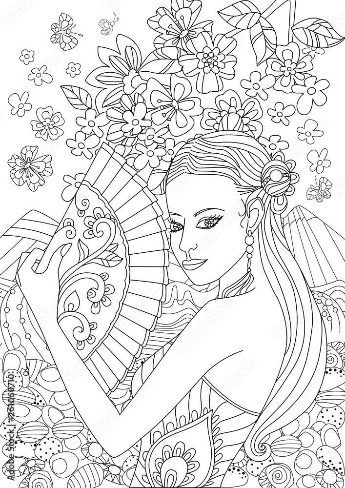 beautiful chinese girl with fan for your coloring page Stock Vector ...