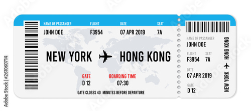 Realistic airline ticket design with passenger name. Vector illustration photo