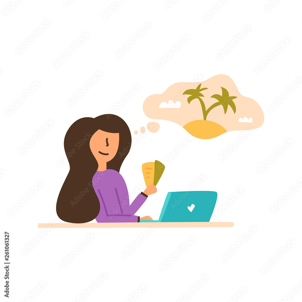 Vector Flat girl holds in hands two plane tickets. Vector Flat girl holds in hands two plane tickets.