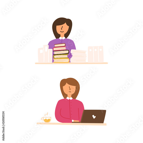 Vector flat set of girl sitting table working