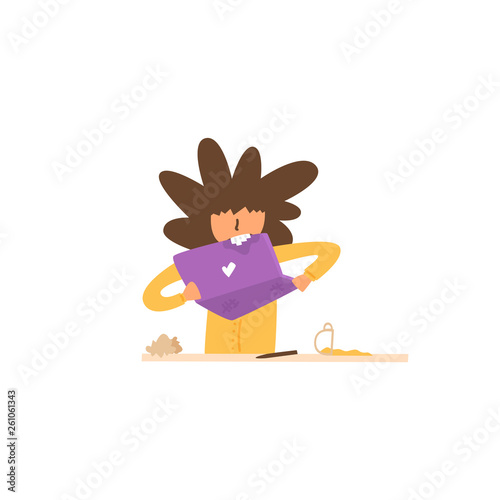 Vector flat girl nervous gnawing teeth laptop.