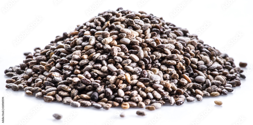 Heap of Chia seeds isolated on white background. Heap of Chia seeds isolated on white background.