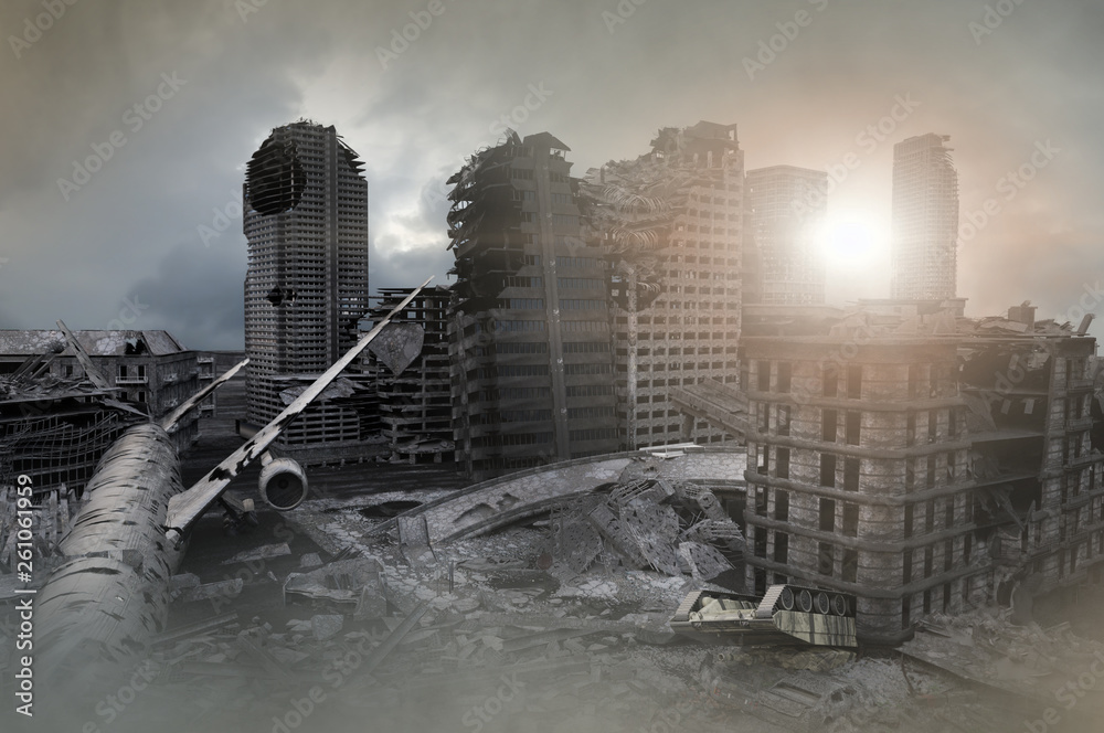 view of the destroyed post-apocalyptic city 3D render Stock ...