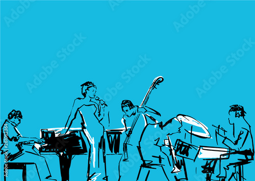 Jazz band. Singer, pianist, drummer, contrabass and saxophone player. Musical group illustration. Black contour on blue background. Performance on stage. Vector drawing.