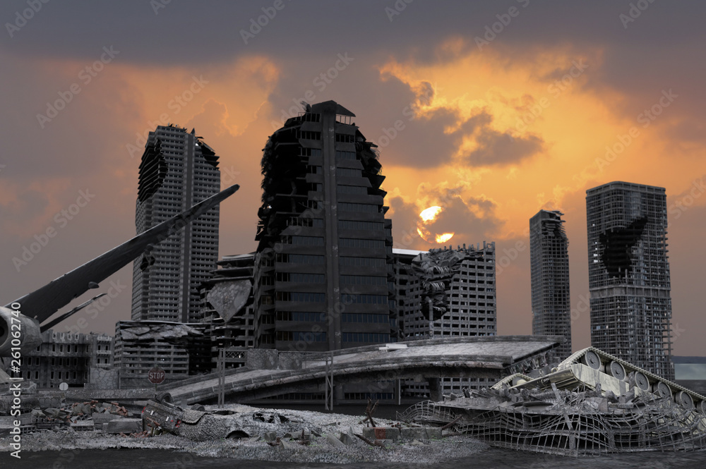 view of the destroyed post-apocalyptic city 3D render