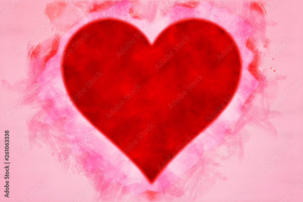 red heart on pink background in watercolors