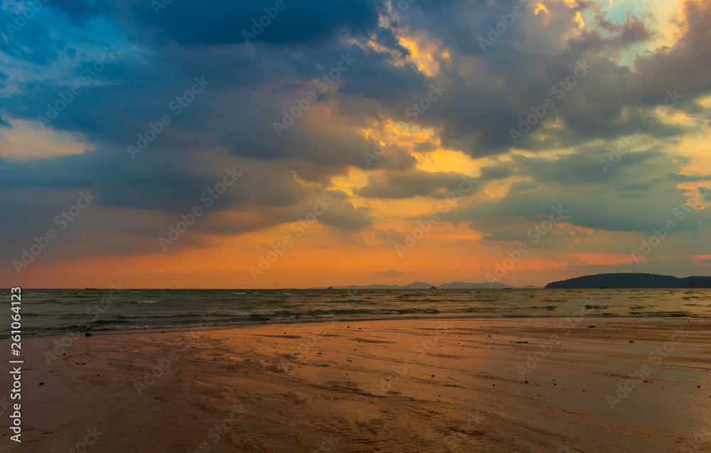 sunset at the beach. The beauty of a tropical beach Thailand sunrise at the beach. beach sand  Ao Nang, Krabi, Thailand
