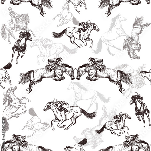 Seamless pattern of hand drawn sketch style horses and jockeys on a horses. Vector illustration isolated on white background.